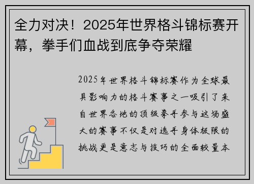 全力对决！2025年世界格斗锦标赛开幕，拳手们血战到底争夺荣耀