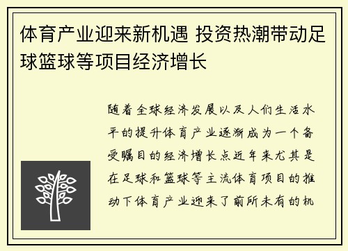 体育产业迎来新机遇 投资热潮带动足球篮球等项目经济增长