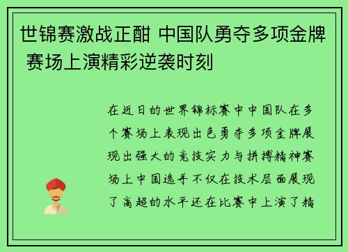 世锦赛激战正酣 中国队勇夺多项金牌 赛场上演精彩逆袭时刻