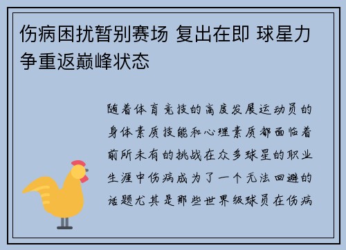 伤病困扰暂别赛场 复出在即 球星力争重返巅峰状态